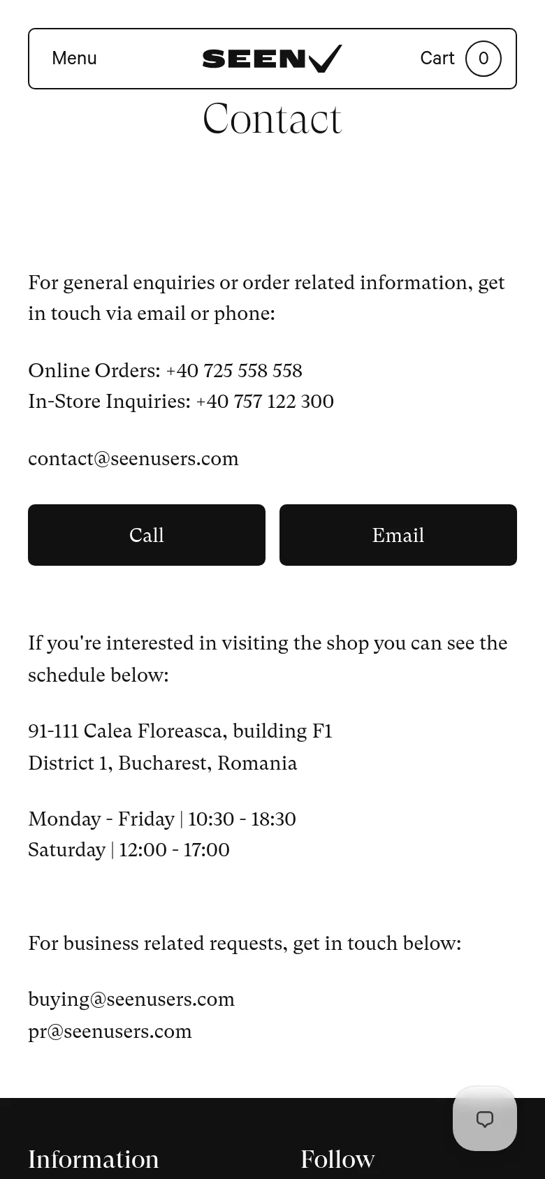 The mobile version maintains the minimalist white aesthetic but uses a condensed layout with a top navigation bar containing a 'Menu' button, the SEEN USERS logo, and a 'Cart' icon. The contact information, large black buttons, and shop schedule are stacked vertically to fit the narrow screen width.