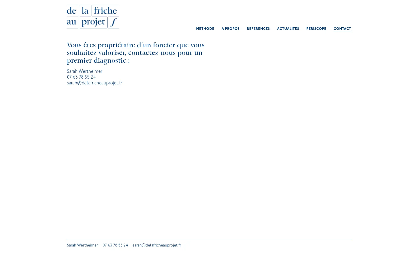 The desktop contact page features a minimalist white background with blue text. A logo is positioned at the top left, with a horizontal navigation menu on the right. The main content includes a large headline inviting landowners to contact for a diagnostic, followed by Sarah Wertheimer's name, phone number, and email address.