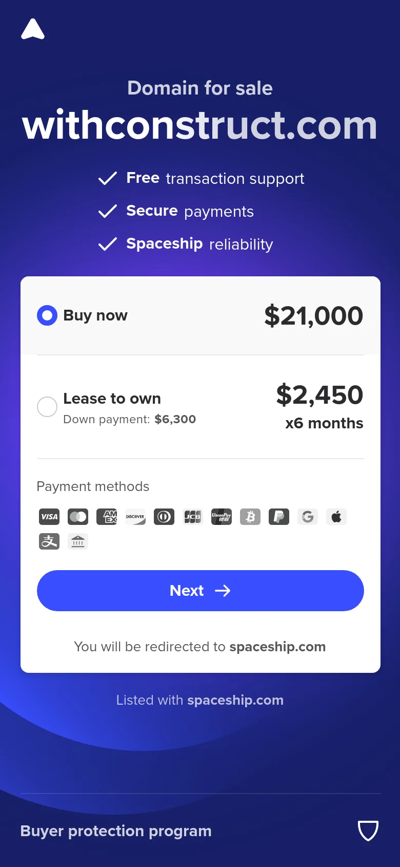 A mobile-optimized version of the domain sale page with a centered vertical layout. The domain name and benefits are at the top, followed by a large white card containing the purchase options, payment icons, and a prominent blue 'Next' button against a dark blue background.