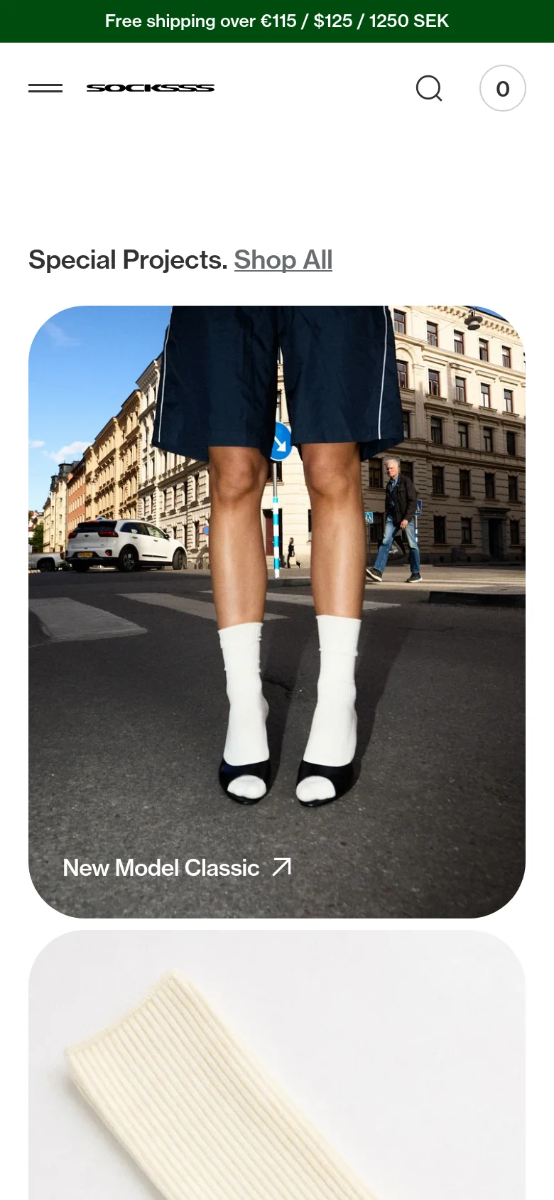 The mobile version presents a simplified, single-column layout optimized for vertical scrolling. The header is condensed with a hamburger menu, the brand logo, a search icon, and a shopping bag icon. The 'Special Projects' section features large, full-width images that stack vertically, emphasizing the visual product photography over the multi-column desktop grid.