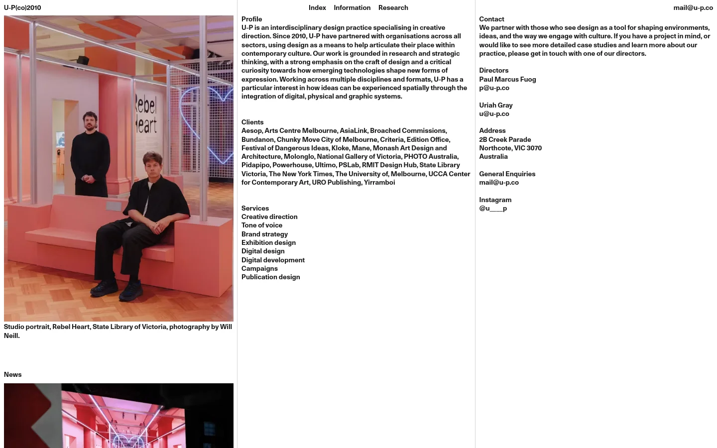 The desktop page features a large hero image of a studio portrait against a pink background, followed by a news section with a vertical list of image-led articles. The layout uses a clean, minimalist design with black text on a white background and a multi-column footer containing company profile, clients, services, and contact information.