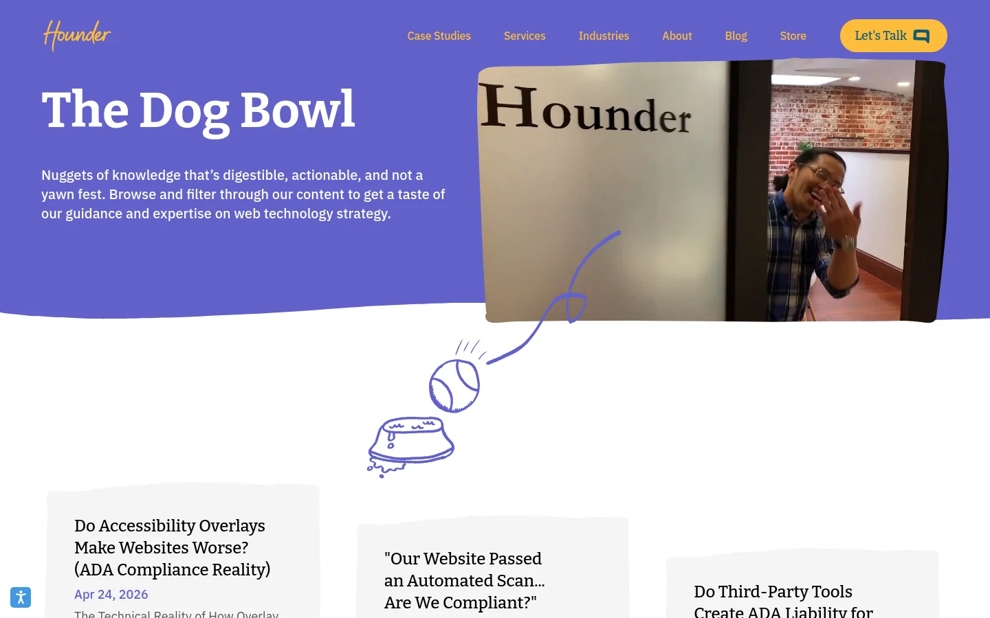 The desktop blog page features a purple header with the title 'The Dog Bowl' and a large hero image of a person in an office. Below the header, blog posts are arranged in a grid of white cards containing headlines, dates, and descriptions. The navigation menu at the top includes links for Case Studies, Services, Industries, About, Blog, and Store, alongside a yellow 'Let's Talk' button.