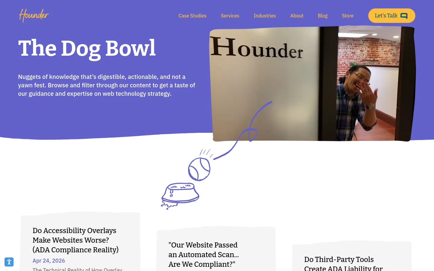 The desktop blog page features a purple header with the title 'The Dog Bowl' and a large hero image of a person in an office. Below the header, blog posts are arranged in a grid of white cards containing headlines, dates, and descriptions. The navigation menu at the top includes links for Case Studies, Services, Industries, About, Blog, and Store, alongside a yellow 'Let's Talk' button.