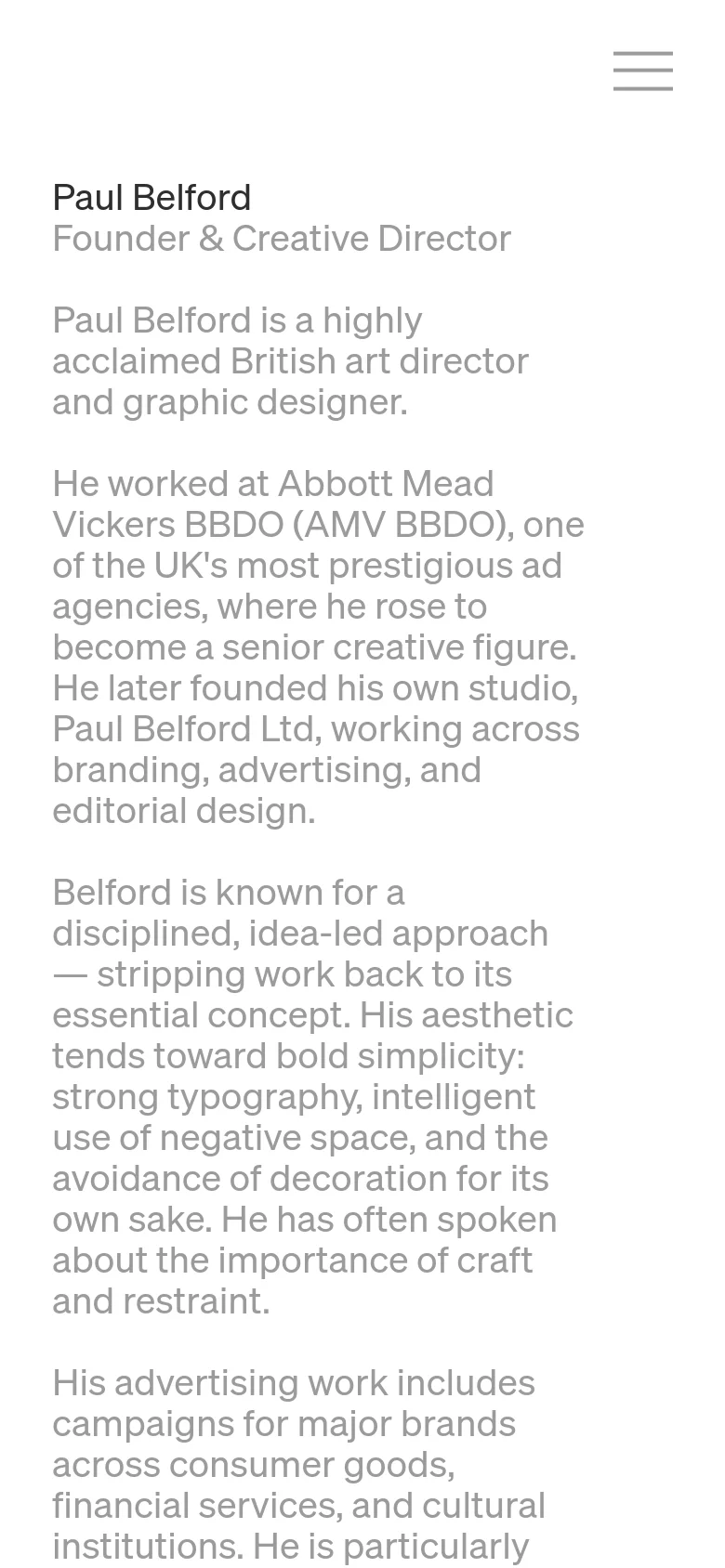 A mobile version of the biography page with a simplified layout. The text is centered or left-aligned in a single column, and the navigation menu is hidden behind a three-line hamburger icon in the top right corner.
