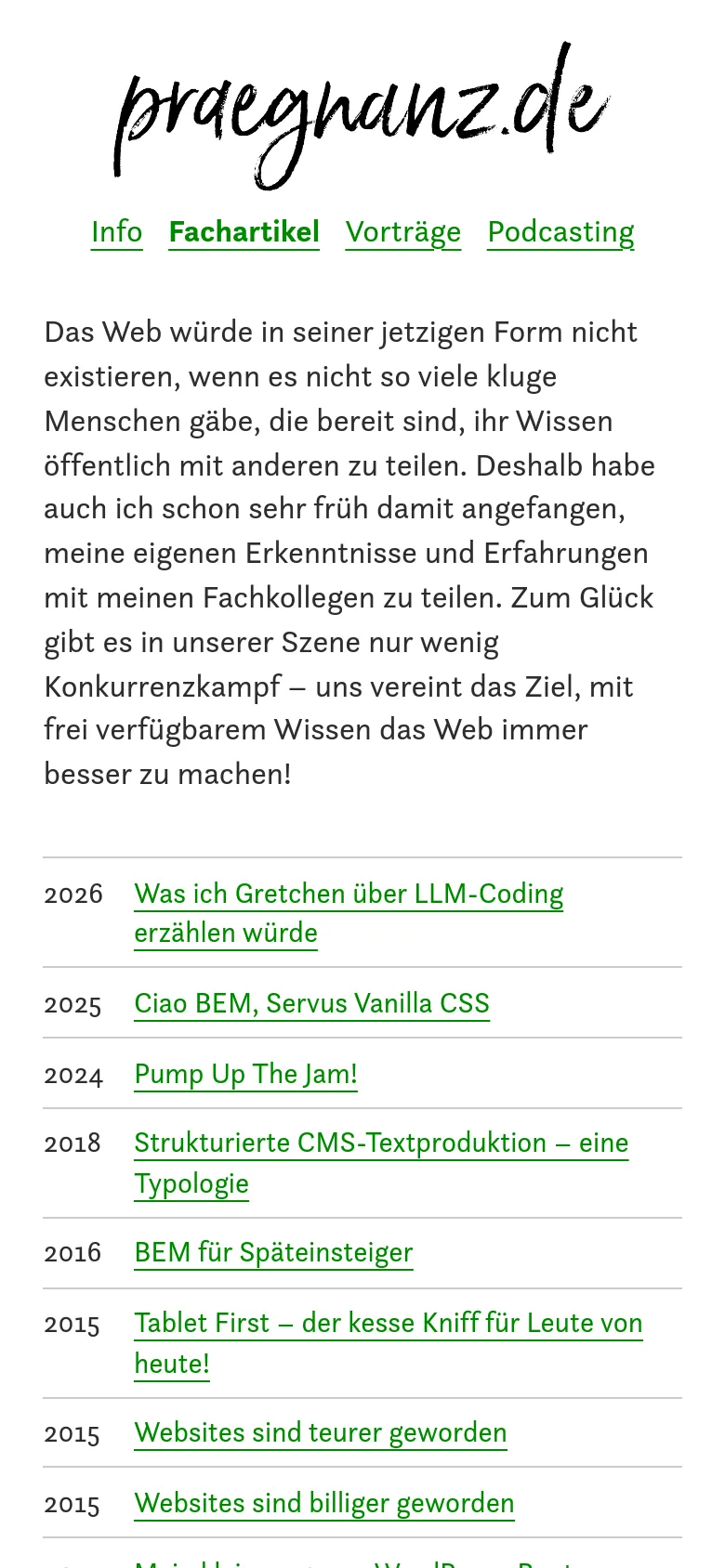 The mobile version features a centered, large black script logo and a stacked navigation menu. The layout is single-column, with the introductory text spanning the width of the screen and the article list following below, where years and green underlined article links are arranged in a vertical list format for easier scrolling.