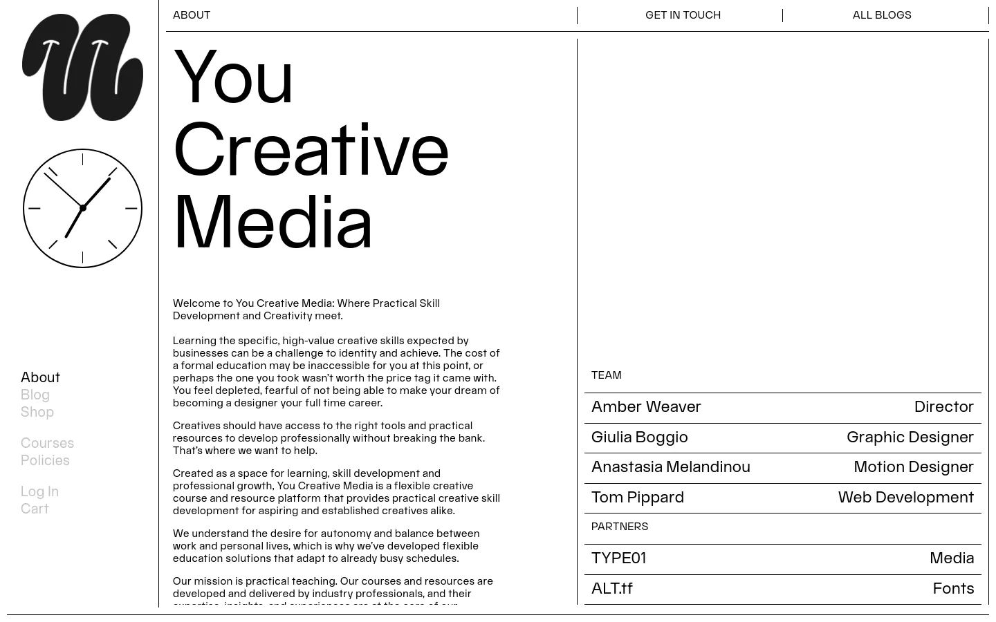 The desktop About page features a minimalist black and white layout with a large 'You Creative Media' headline. To the left, there are stylized graphic icons of a letter 'n' and a clock, above a vertical navigation menu. The main content area contains mission text, followed by two structured lists on the right for 'Team' and 'Partners'.