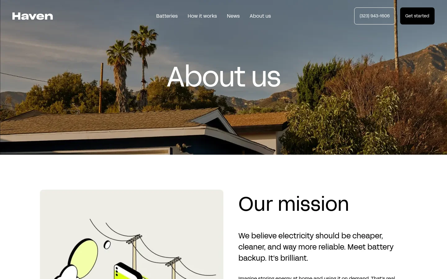The desktop page features a hero section with a large landscape photo of a residential neighborhood under a clear sky, overlaid with the headline 'About us'. Below, the layout uses a clean white background with a mix of text, illustrations of power lines and batteries, and professional headshots of the founders. A navigation bar at the top includes links for Batteries, How it works, News, and About us, alongside a phone number and a 'Get started' button.