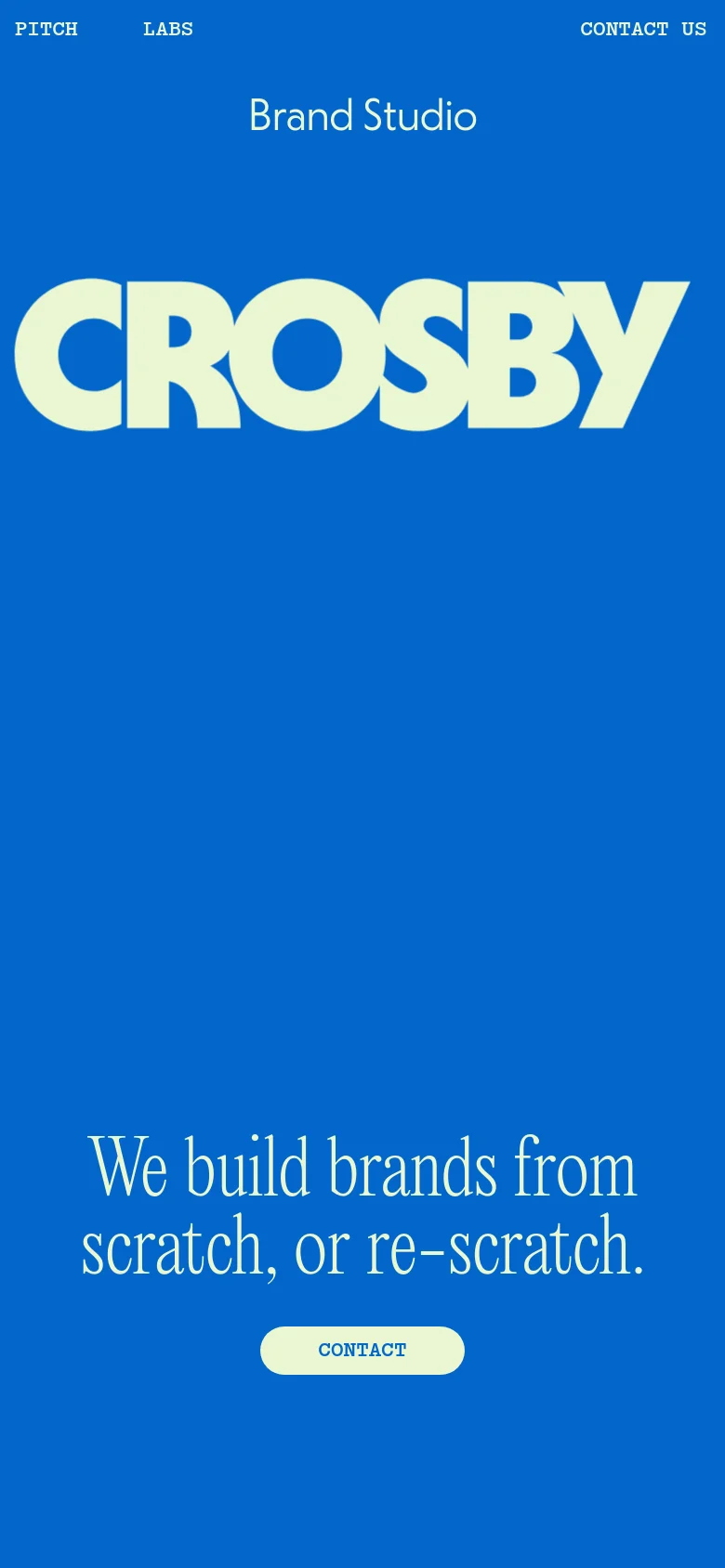 The mobile version maintains the vibrant blue and cream color scheme but uses a stacked vertical layout. The navigation links are rearranged, and the oversized 'CROSBY' text and headline are scaled to fit the narrower screen width, with the primary 'Contact' call-to-action button positioned prominently below the text.