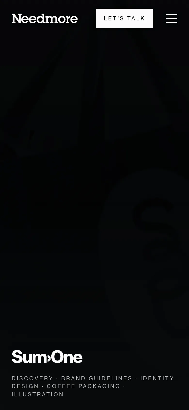 The mobile version shows a darkened, vertically oriented version of the hero image with the Needmore logo and 'LET'S TALK' button at the top. The Sum›One logo and project service tags are positioned at the bottom of the screen against a dark background.