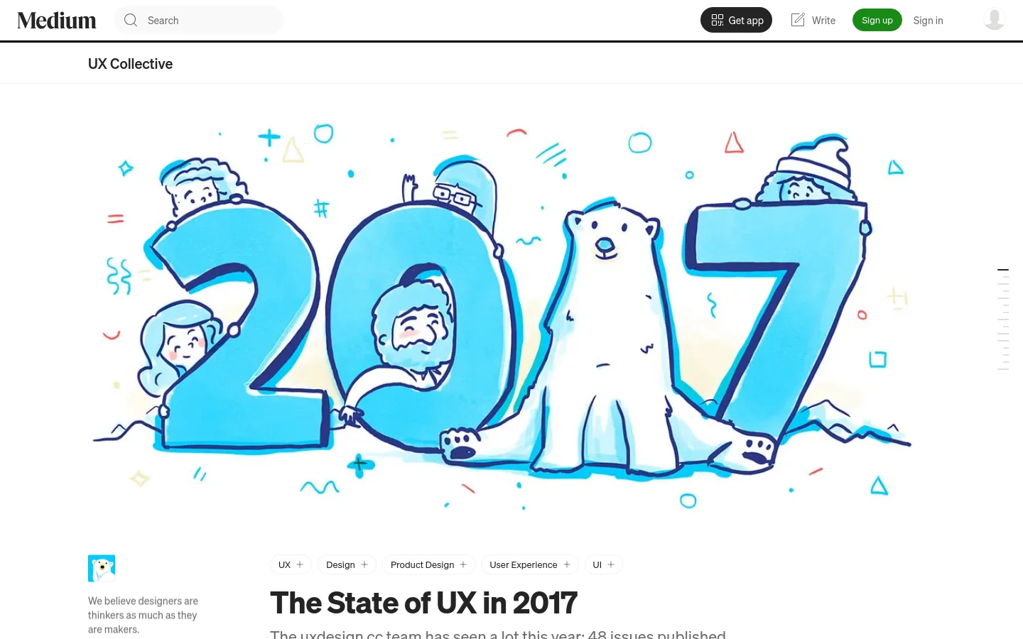 Desktop view of a Medium article titled 'The State of UX in 2017'. A large, whimsical blue and white illustration of the year '2017' featuring characters and a polar bear serves as the hero image. Below the image are category tags like UX and Design, followed by the article headline and introductory text on a white background.