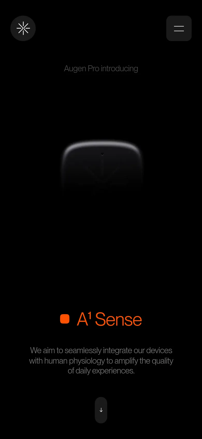 The mobile version maintains the dark, minimalist theme but simplifies the layout for a vertical screen. The top navigation is replaced by a hamburger menu icon, and the central hero imagery and orange 'A¹ Sense' headline are scaled down to fit the narrower viewport.