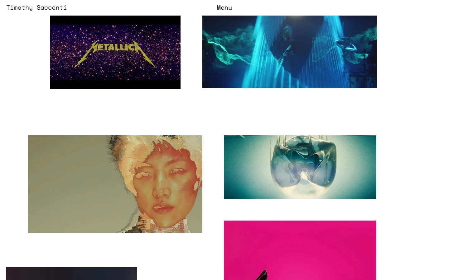 The Timothy Saccenti projects page features a minimalist white background with a grid of large, colorful rectangular image and video thumbnails. The layout includes a header with the name 'Timothy Saccenti' on the left and a 'Menu' button on the right. Each thumbnail represents a different creative project, such as Metallica or Iris van Herpen, showcasing diverse photography and motion work.