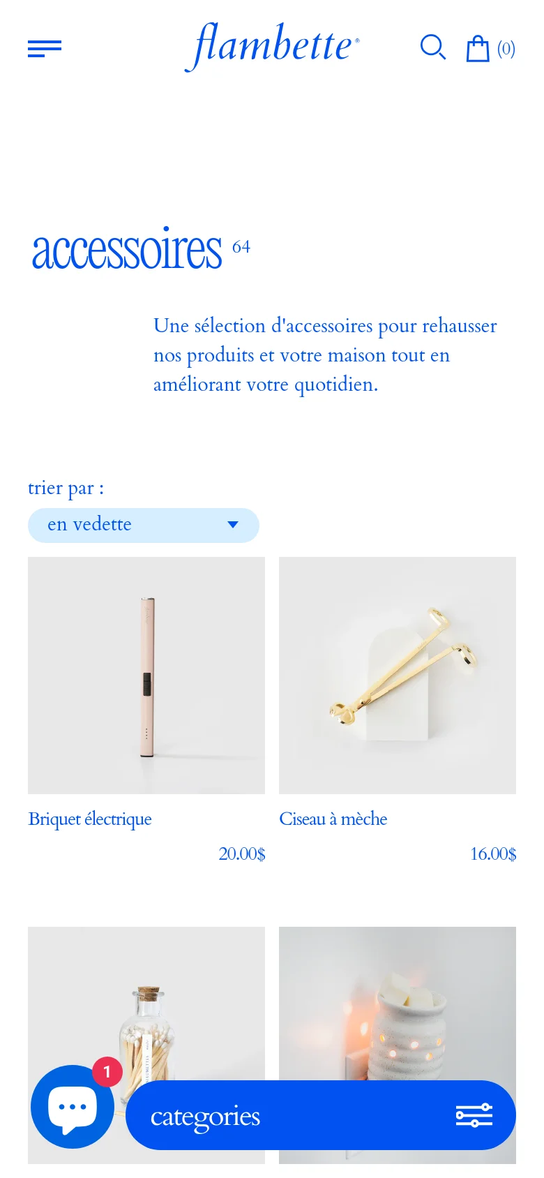The mobile version presents a streamlined view with a centered 'accessoires' headline and a simplified product grid. The left-hand navigation is replaced by a prominent blue 'categories' button at the bottom of the screen, and the header contains a hamburger menu, search icon, and shopping bag icon.