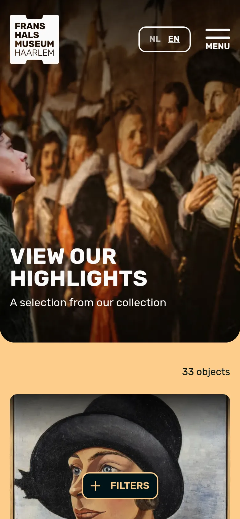The mobile version presents a vertically stacked layout with the hero image and headline occupying the top half of the screen. The navigation is condensed into a hamburger menu, and the artwork grid transitions to a single-column view below the 'FILTERS' button.