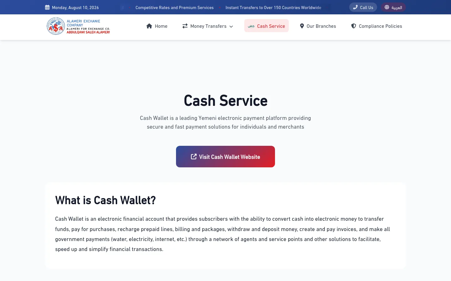 The desktop page features a blue header with company branding, a navigation menu, and contact buttons. The main content area has a clean white background with a large 'Cash Service' headline, a brief description of the Cash Wallet platform, and a prominent red 'Visit Cash Wallet Website' call-to-action button. Below this, a white card section explains the features and goals of the Cash Wallet service.