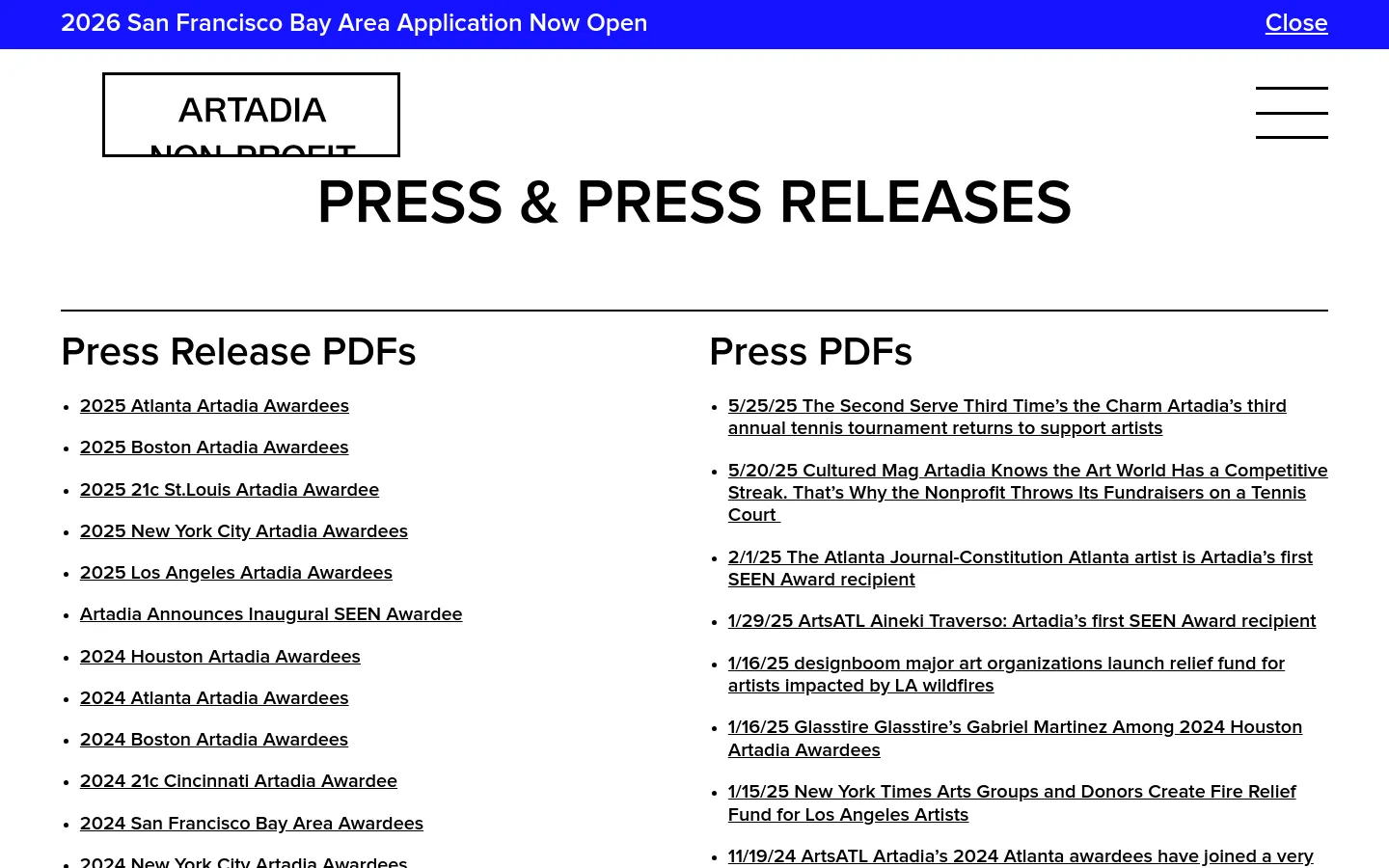 The desktop version features a clean, minimalist layout with a white background and black text. A large headline reads 'PRESS & PRESS RELEASES' above two columns of text links titled 'Press Release PDFs' and 'Press PDFs'. A blue announcement banner at the top promotes the 2026 San Francisco Bay Area Application.