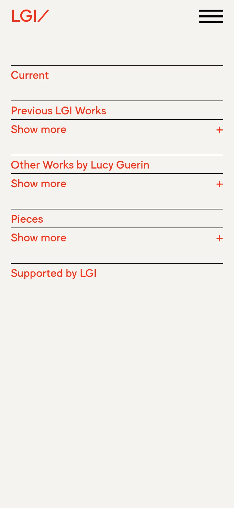 The mobile version simplifies the layout into a single-column vertical list. Section headings like 'Current' and 'Previous LGI Works' are followed by expandable 'Show more' menus marked with red plus icons. The navigation is condensed into a hamburger menu icon in the top right, and the red LGI logo remains prominent at the top left.