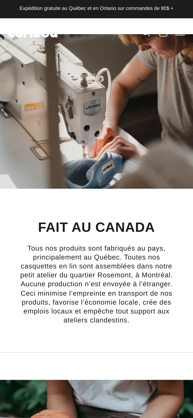 The mobile version maintains the same minimalist aesthetic but uses a single-column vertical stack. Images and text blocks are resized to fit the narrow screen, ensuring the headlines and descriptive paragraphs about local manufacturing and sustainable materials remain the central focus.
