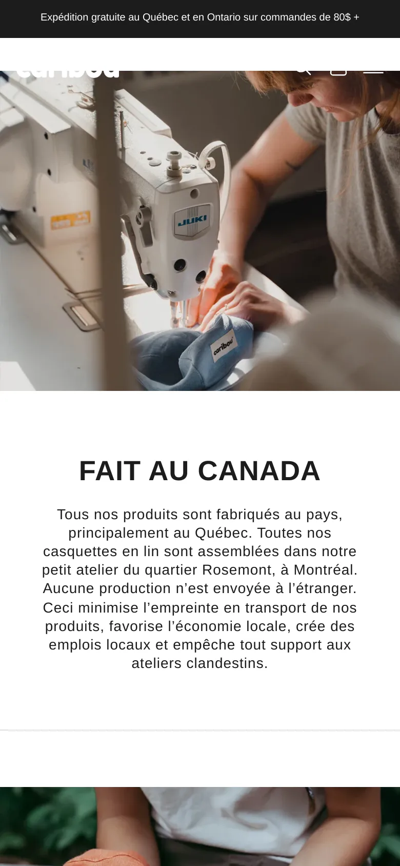 The mobile version maintains the same minimalist aesthetic but uses a single-column vertical stack. Images and text blocks are resized to fit the narrow screen, ensuring the headlines and descriptive paragraphs about local manufacturing and sustainable materials remain the central focus.