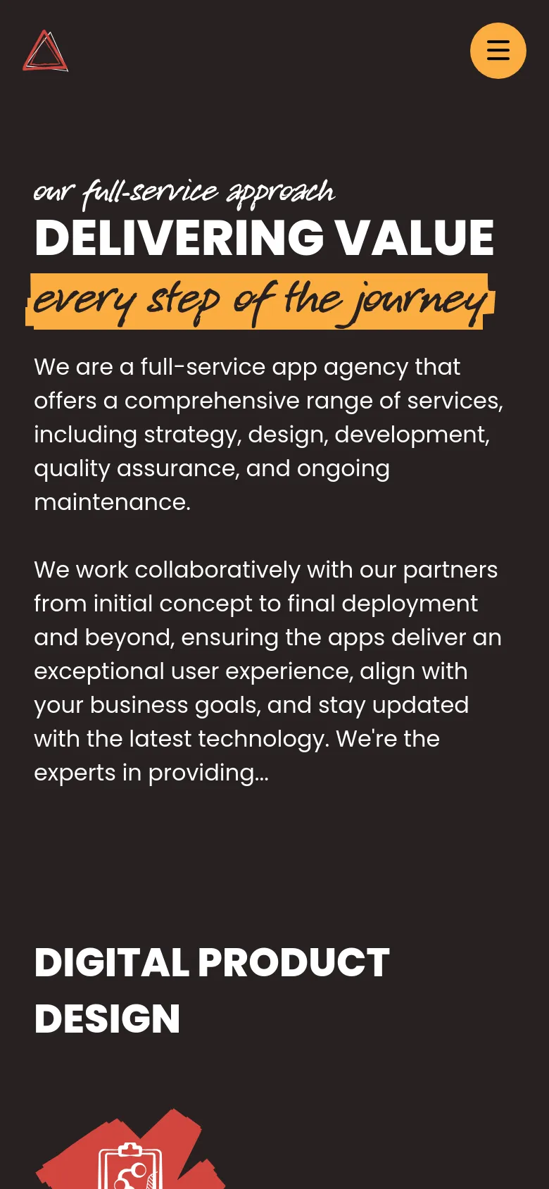 Mobile version of the Services page featuring a single-column layout on a dark background. The hero headline 'DELIVERING VALUE' is prominent at the top, followed by descriptive text and a large graphic. The 'DIGITAL PRODUCT DESIGN' section follows, with service items stacked vertically for easier scrolling.