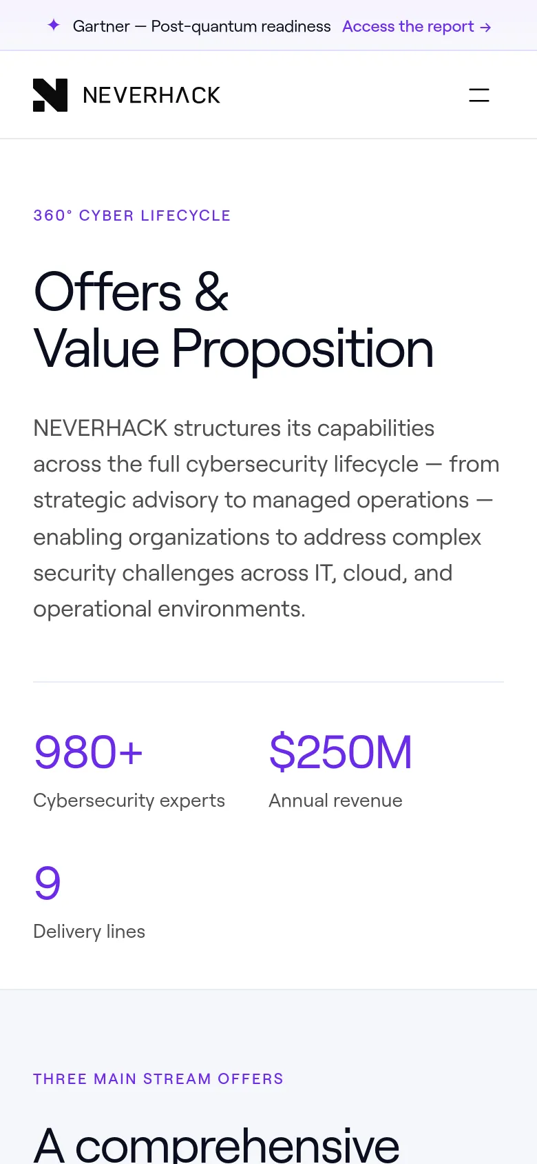 The mobile version presents a vertically stacked layout with the headline 'Offers & Value Proposition' appearing prominently above the text description. The large abstract graphic is removed or repositioned to prioritize text readability, and the key statistics are arranged in a single column. The top navigation is condensed into a hamburger menu icon on the right side of the NEVERHACK logo.