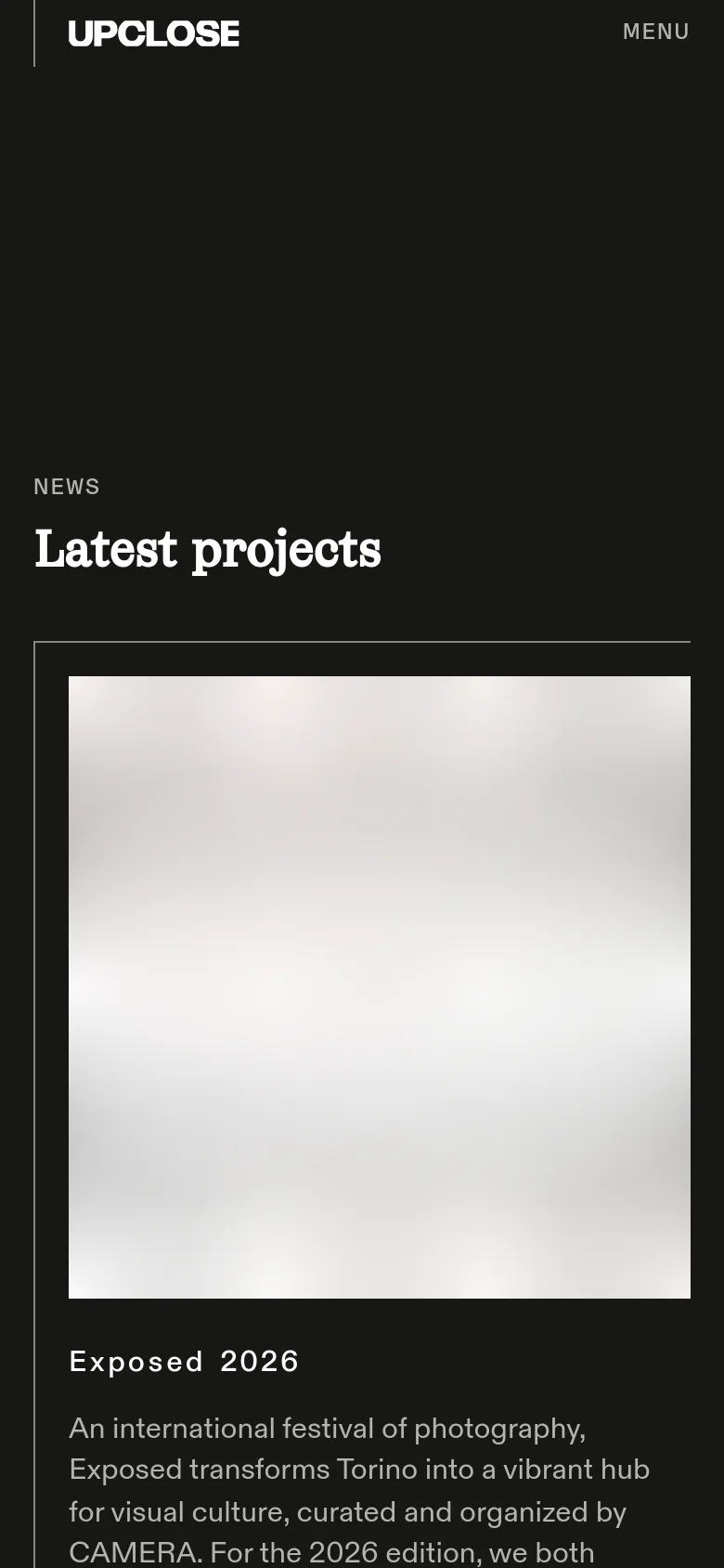 The mobile version maintains the dark theme and minimalist aesthetic but uses a single-column vertical layout. The navigation is condensed into a 'MENU' button at the top right, and the 'Latest projects' heading is prominently displayed above the stacked project cards.