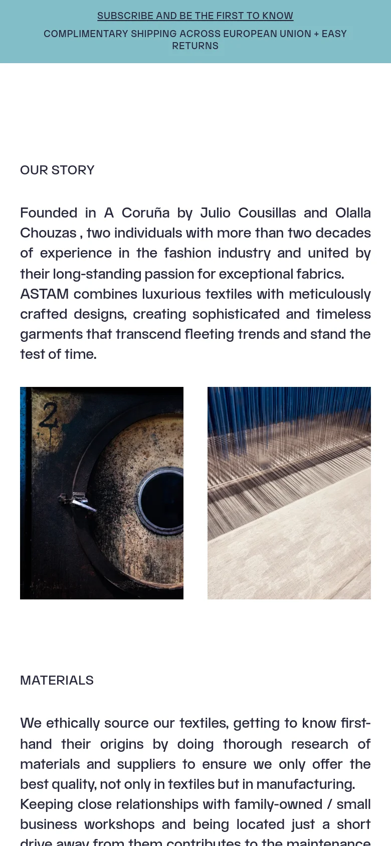 The mobile version maintains the minimalist aesthetic but stacks all elements vertically for a single-column scroll. The hero image and subsequent lifestyle photos span the full width of the screen, and text blocks are centered or left-aligned with increased padding to ensure readability on smaller displays.