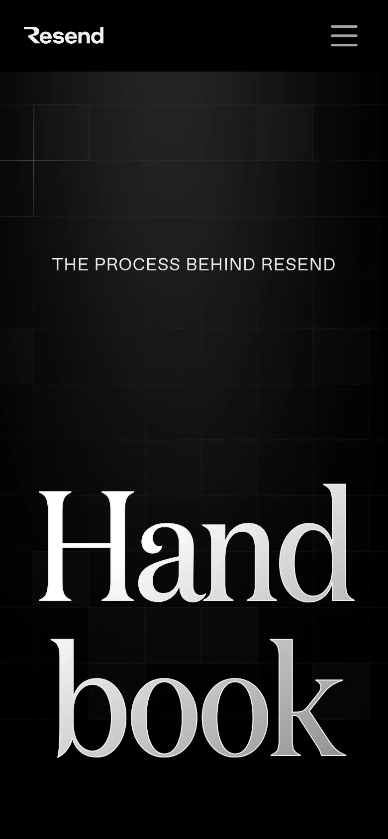 The mobile version maintains the dark, minimalist aesthetic with the grid pattern and light beam. The layout is vertically stacked, featuring the Resend logo and menu at the top, the subheadline in the middle, and the large 'Handbook' text split across two lines at the bottom.