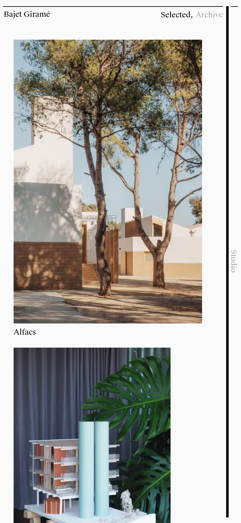 The mobile version uses a single-column vertical layout, stacking the large hero image of the Alfacs project at the top, followed by project images and text. Navigation links like 'Selected' and 'Archive' are condensed at the top, and the content flows in a continuous vertical scroll.