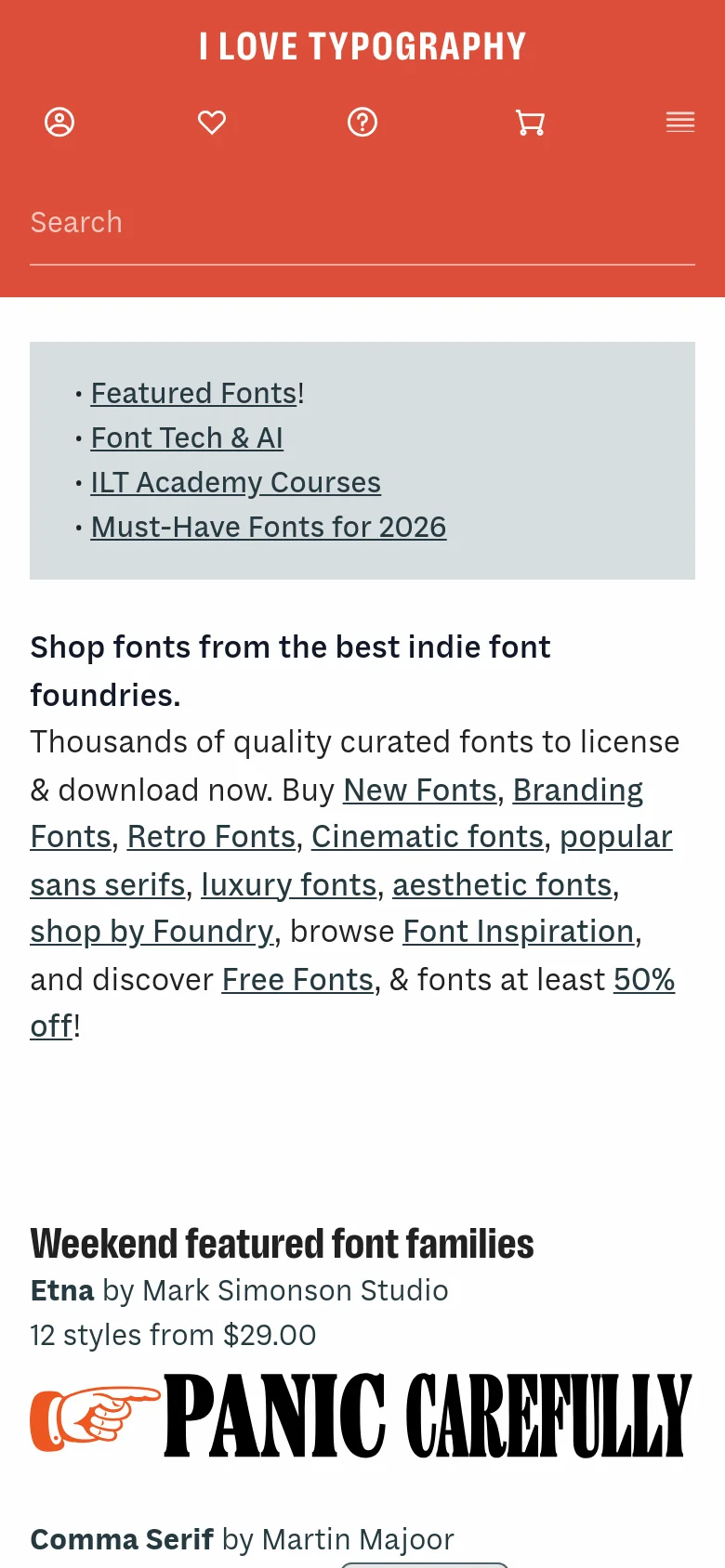 The mobile version features a solid red header with a centered logo, a search bar, and a hamburger menu icon. The layout is simplified into a single vertical column, removing the right sidebar and displaying the featured font text and large font previews in a stacked format for easier scrolling.