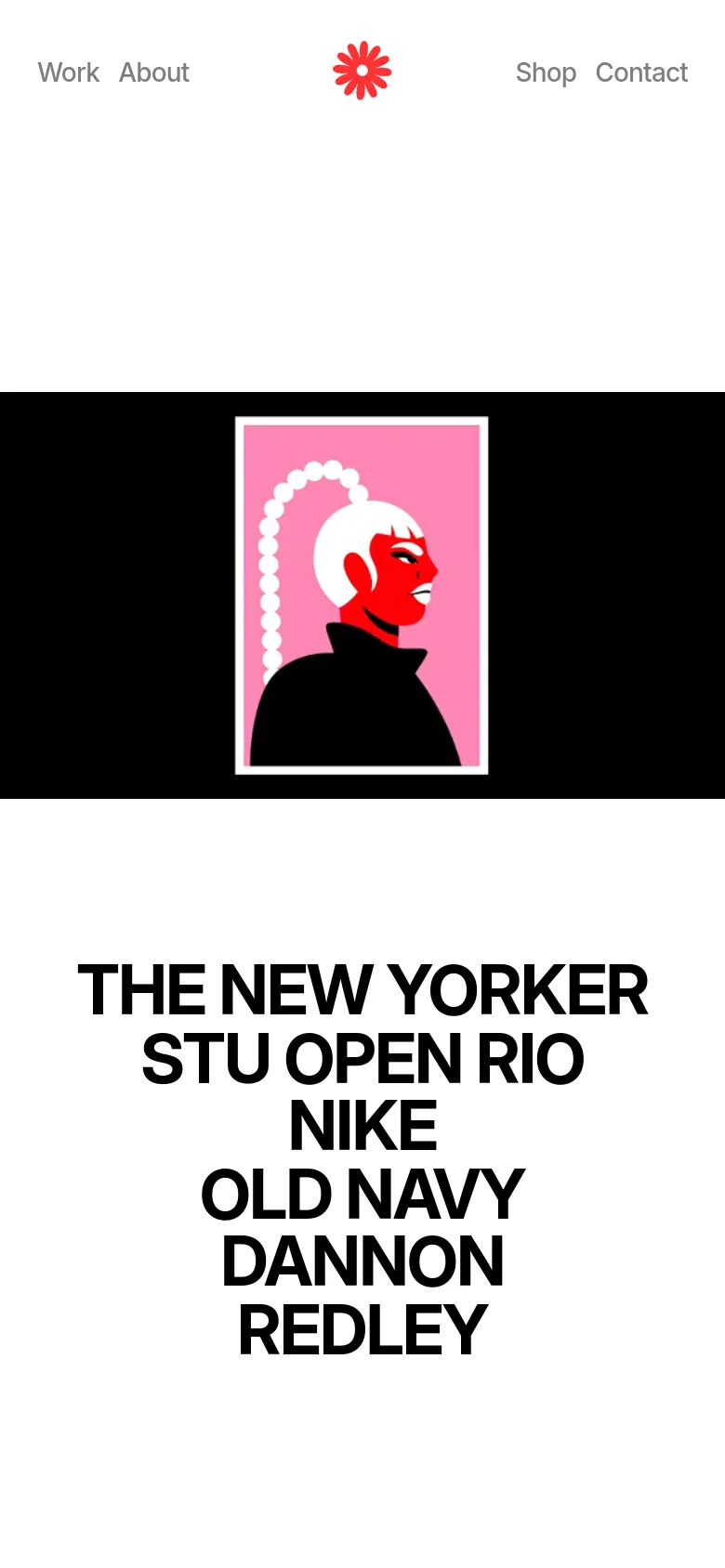 The mobile version simplifies the layout with a centered logo and stacked navigation links. The project grid transitions to a single-column vertical scroll, emphasizing large, full-width imagery of skate parks and colorful art. The dominant colors remain white, black, and a bright pink background.
