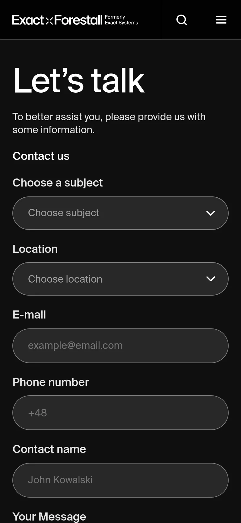 The mobile version uses a single-column vertical layout on a dark background. The 'Let's talk' headline and introductory text are centered at the top, followed by the contact form fields stacked vertically, including dropdowns, text inputs, and the message area.