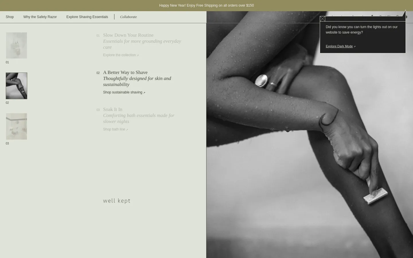 The desktop homepage features a minimalist, split-screen layout with a light beige left panel containing numbered text sections and a large, atmospheric black-and-white lifestyle image on the right. Navigation links like 'Shop' and 'Why the Safety Razor' are at the top, and a dark mode promotional overlay is visible in the upper right corner.