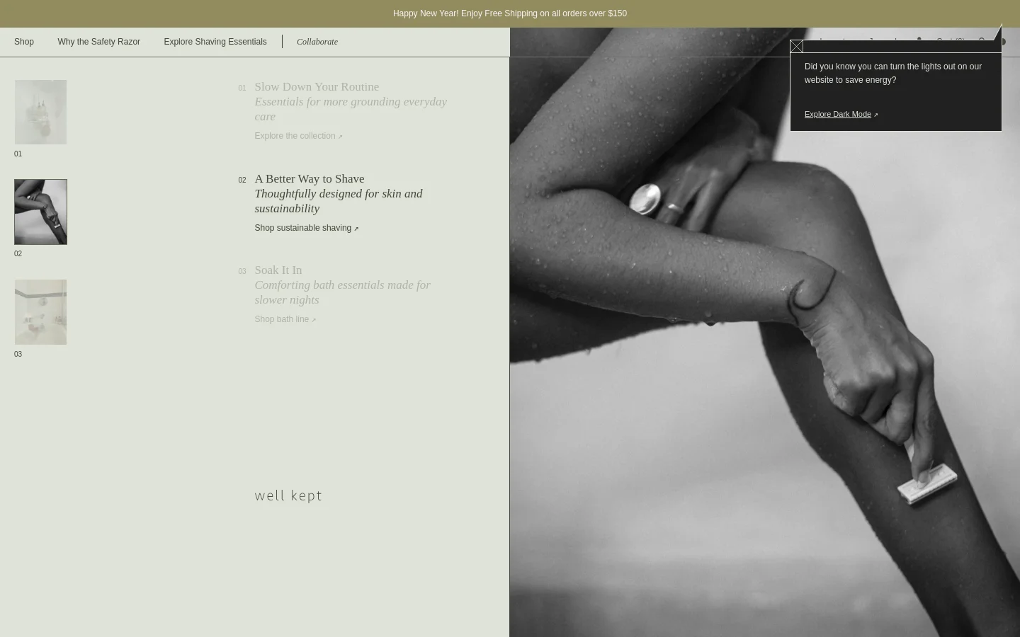 The desktop homepage features a minimalist, split-screen layout with a light beige left panel containing numbered text sections and a large, atmospheric black-and-white lifestyle image on the right. Navigation links like 'Shop' and 'Why the Safety Razor' are at the top, and a dark mode promotional overlay is visible in the upper right corner.