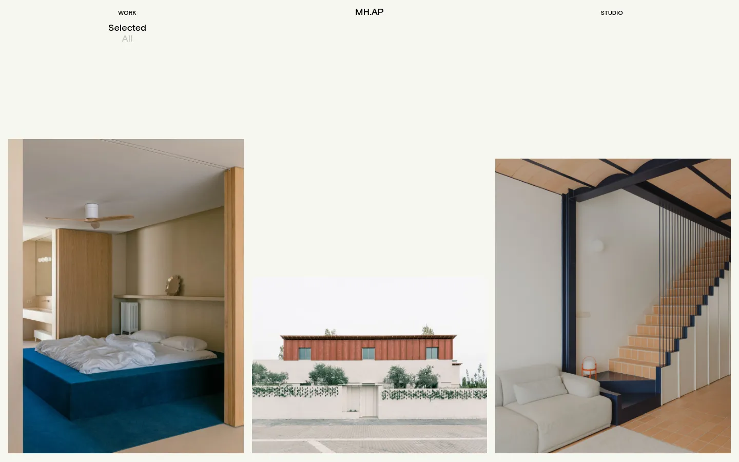 The desktop page displays a minimalist portfolio layout with a light cream background. A grid of large, high-quality architectural project images is organized with project titles, years, and categories like 'Residential' or 'Commercial' positioned above each photo. The navigation menu at the top includes links for 'WORK', 'MH.AP', and 'STUDIO', with a 'Selected' filter active.