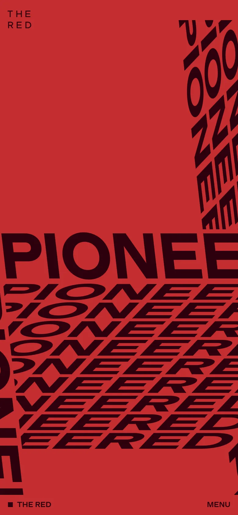 The mobile version maintains the high-contrast red and dark theme but optimizes the layout for a vertical screen. The large 'PIONEERED' text is reframed and cropped to fit the narrow aspect ratio, emphasizing the repeating typographic pattern. The bottom navigation remains consistent with 'THE RED' and 'MENU' links.