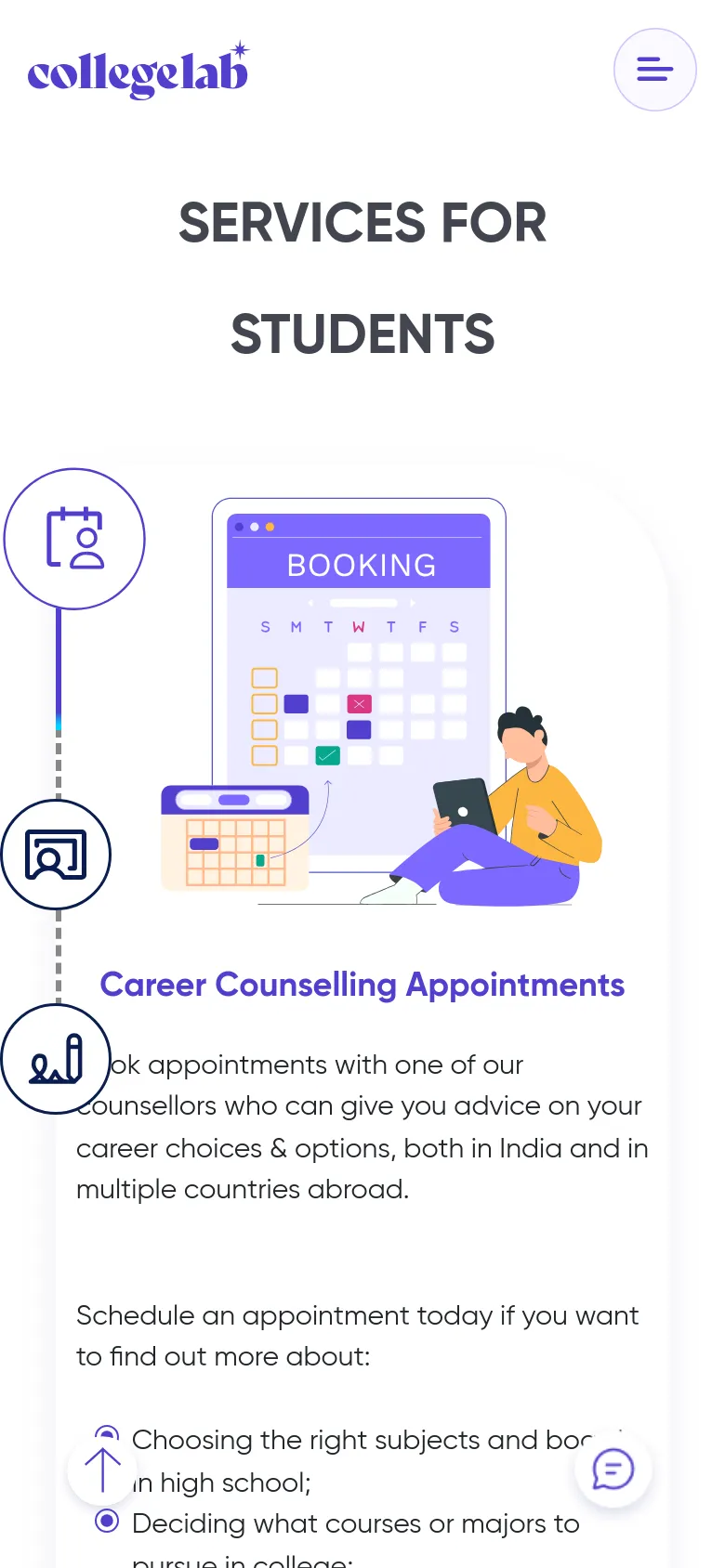 The mobile version uses a simplified layout with a centered headline 'SERVICES FOR STUDENTS' and a hamburger menu icon. The content is stacked vertically, featuring a large illustration of a person using a laptop next to a booking calendar, followed by text describing Career Counselling Appointments.