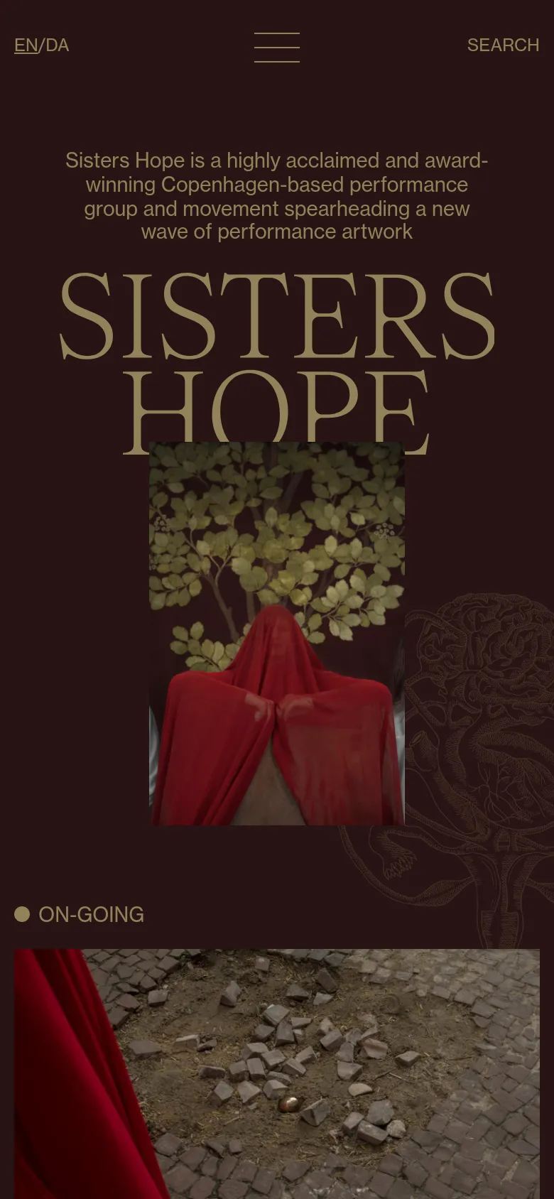 The mobile version maintains the dark burgundy theme and gold serif text but scales the 'SISTERS HOPE' headline and hero image to fit a vertical aspect ratio. The navigation elements, including the language selector, menu icon, and search link, are repositioned at the top to accommodate the narrower screen width.