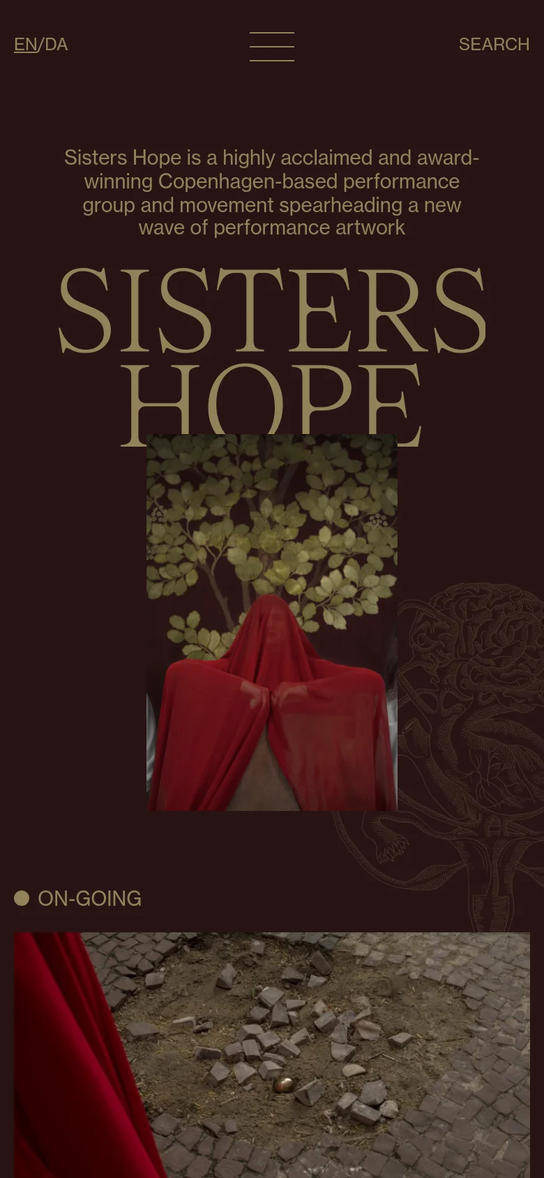 The mobile version maintains the dark burgundy theme and gold serif text but scales the 'SISTERS HOPE' headline and hero image to fit a vertical aspect ratio. The navigation elements, including the language selector, menu icon, and search link, are repositioned at the top to accommodate the narrower screen width.