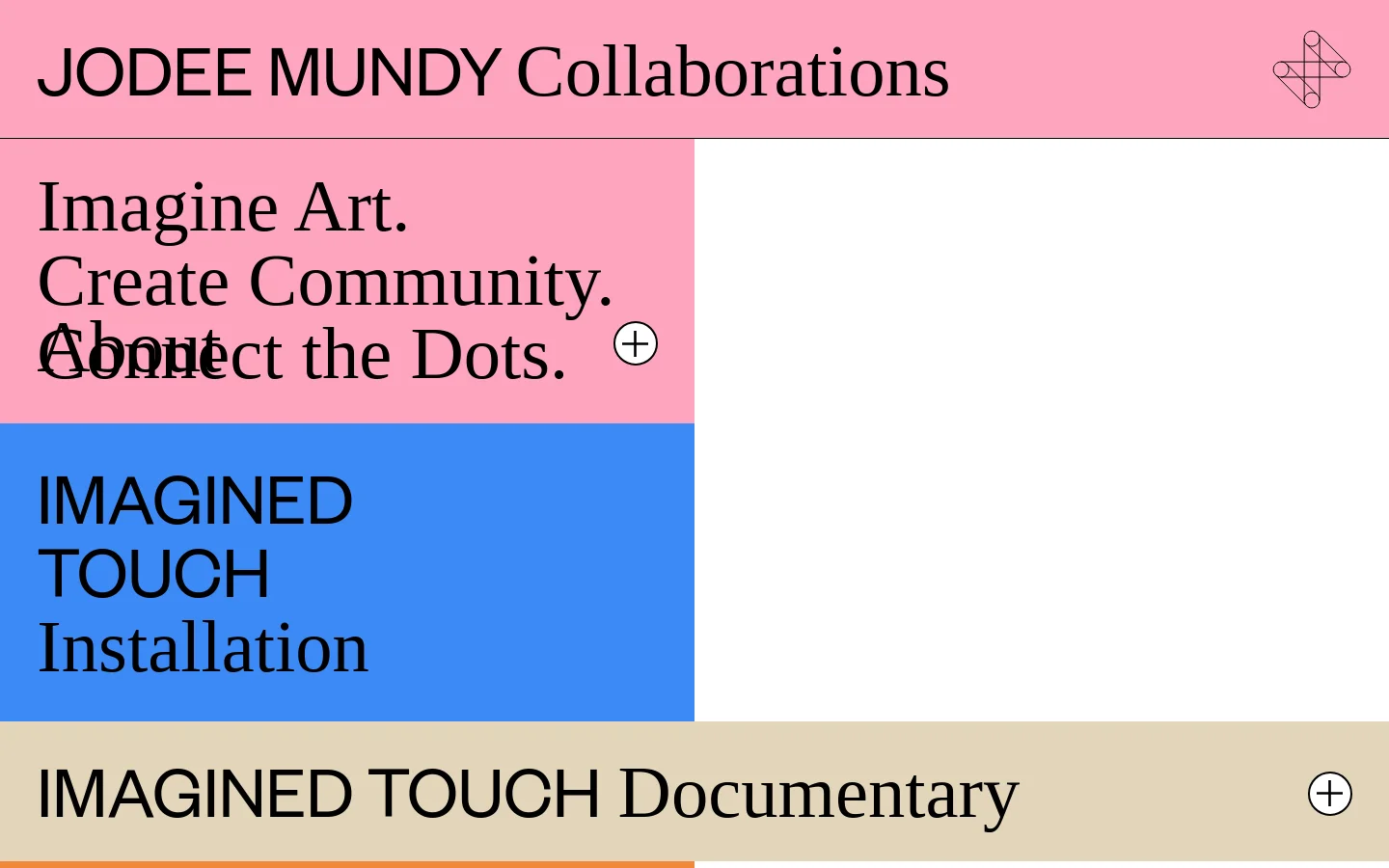 The desktop homepage features a minimalist design with large, colorful rectangular blocks in pink, blue, and tan. A pink header contains the title 'JODEE MUNDY Collaborations' and a geometric logo, while the main body displays bold typography with headlines like 'Imagine Art' and project titles like 'IMAGINED TOUCH Installation'.