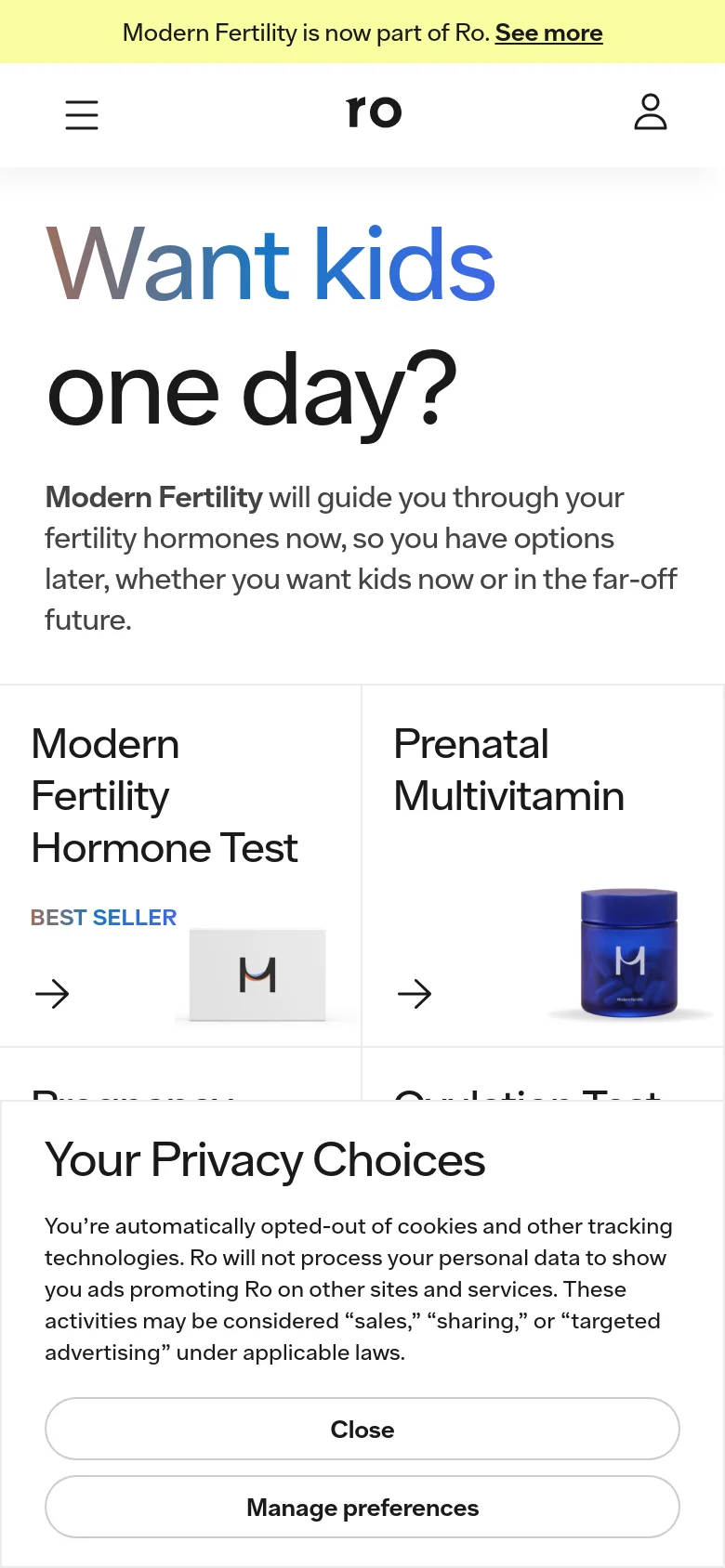 The mobile version presents a vertically stacked layout starting with the 'Want kids one day?' headline and subheadline. The product categories, such as Hormone Test and Prenatal Multivitamin, are listed one after another in a single column rather than a horizontal row. A privacy banner with 'Close' and 'Manage preferences' buttons occupies the bottom of the screen, and the navigation is condensed into a hamburger menu icon.