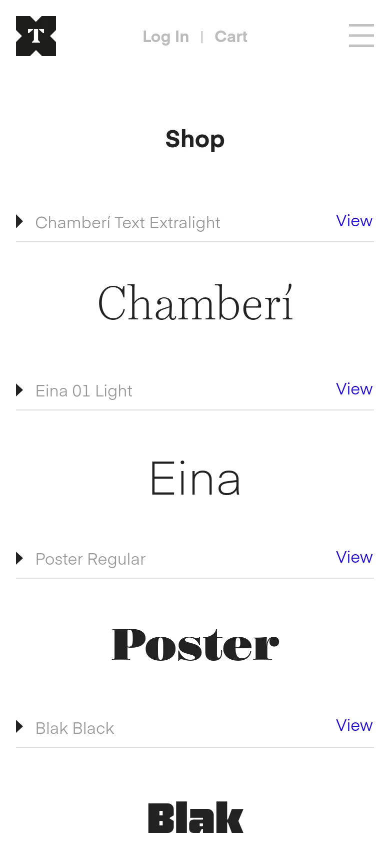 The mobile version simplifies the layout, replacing the top navigation bar with a hamburger menu icon and a centered logo. The font list remains the primary focus, displaying large typographic previews and 'View' links stacked vertically for easy scrolling on a smaller screen.