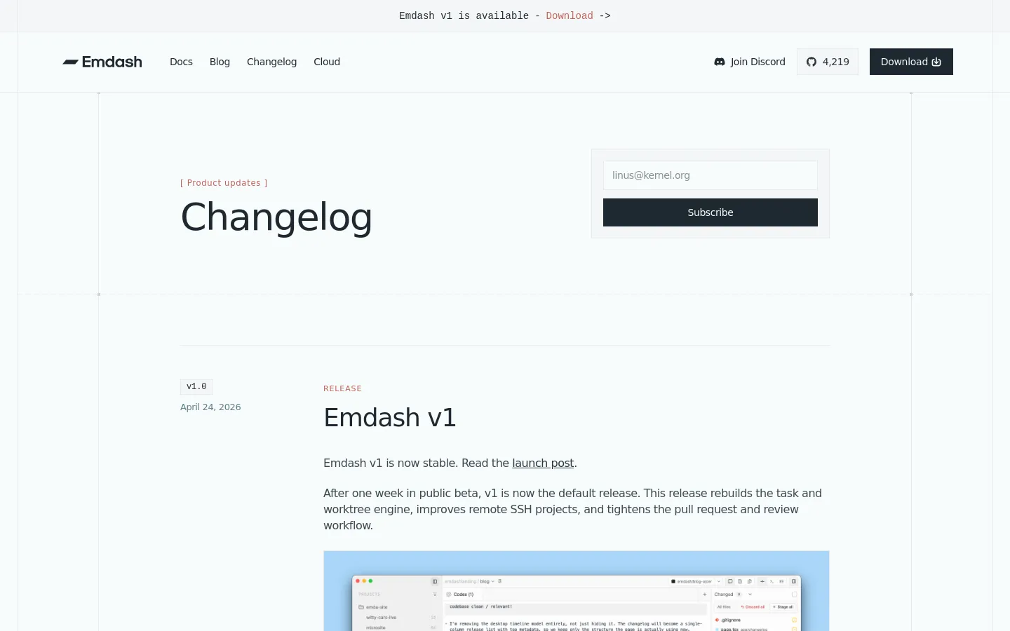 The desktop Changelog page features a minimalist white layout with a navigation bar containing links for Docs, Blog, Changelog, and Cloud, alongside a Download button. A large 'Changelog' headline is centered, accompanied by a subscription box for email updates. Below, the release notes for Emdash v1 are listed with a date, a brief description, and a product screenshot.