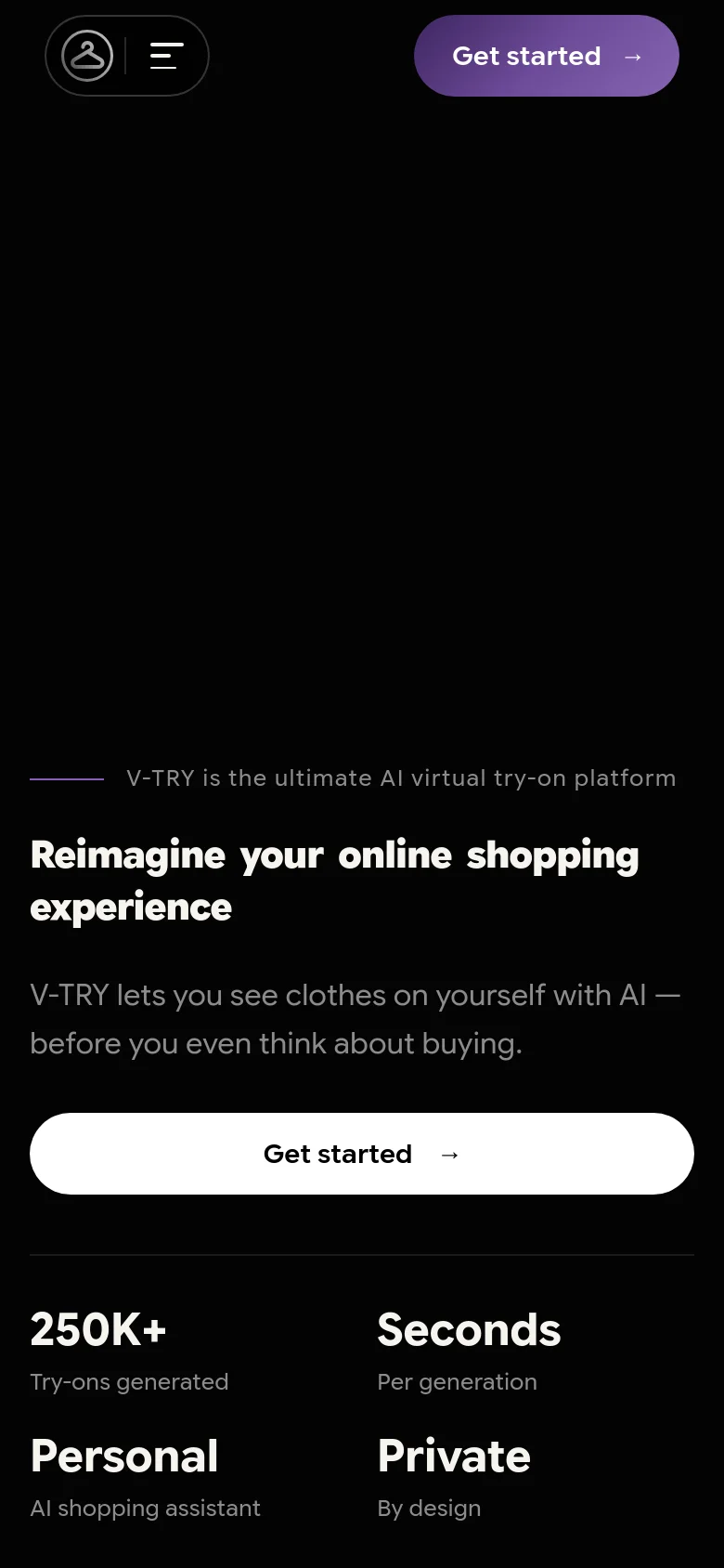 The mobile version uses a vertical layout with a centered hero headline and a full-width white 'Get started' button. The navigation is condensed into a hamburger menu at the top left, and the statistical highlights are stacked vertically below the main call to action.