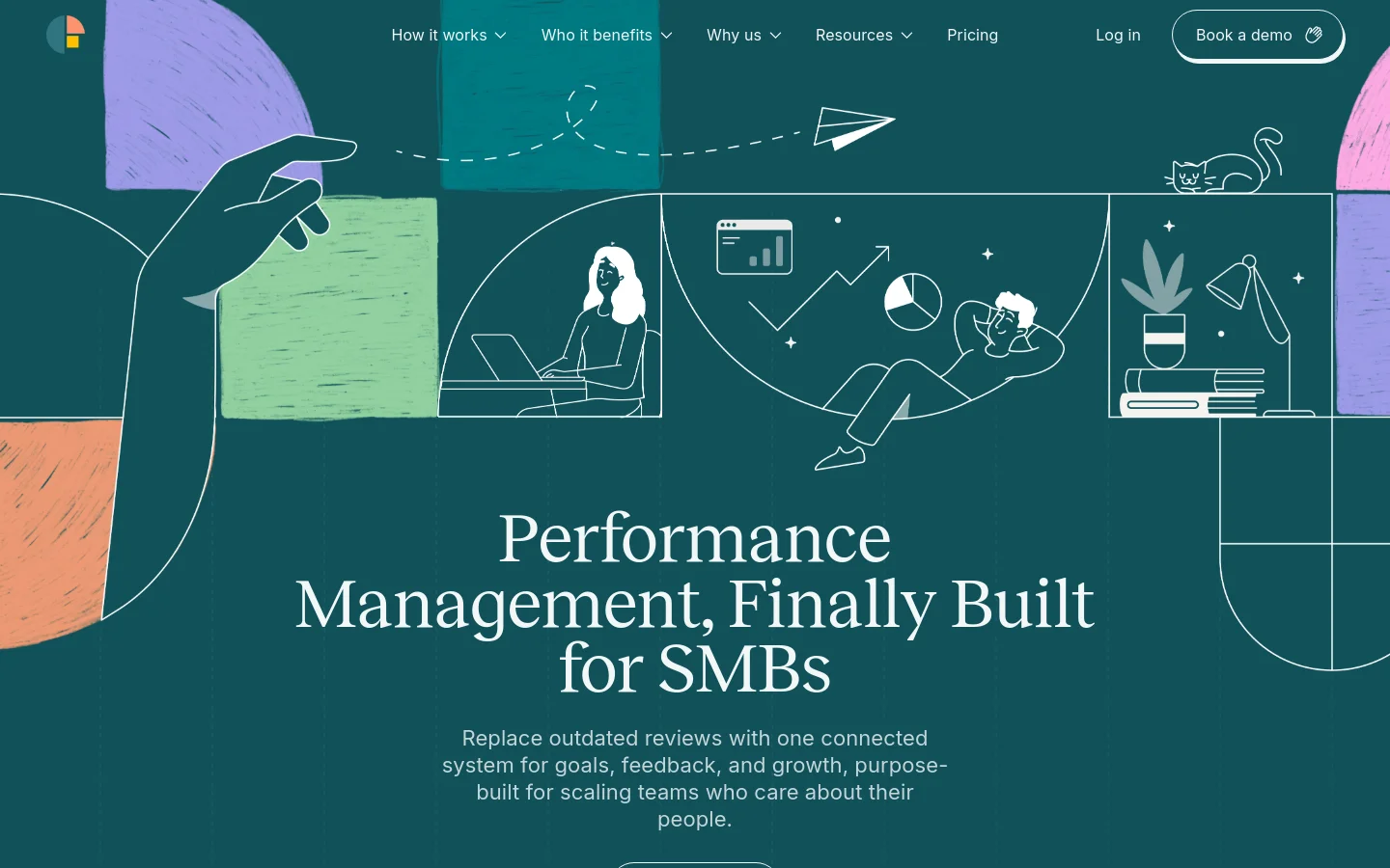 The desktop homepage features a dark teal background with a large, colorful line-art hero illustration depicting people working and relaxing. The headline reads 'Performance Management, Finally Built for SMBs' above a subheadline and a 'Book a demo' call-to-action button. A navigation bar at the top includes links for 'How it works', 'Who it benefits', 'Why us', 'Resources', 'Pricing', 'Log in', and a 'Book a demo' button.