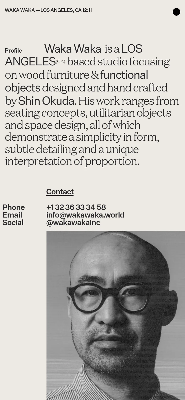 The mobile version maintains the minimalist aesthetic but uses a single-column layout. The large serif text for the profile section is stacked vertically, followed by the contact information, and the black and white portrait is positioned below the text. The header is simplified, displaying the studio name and location.