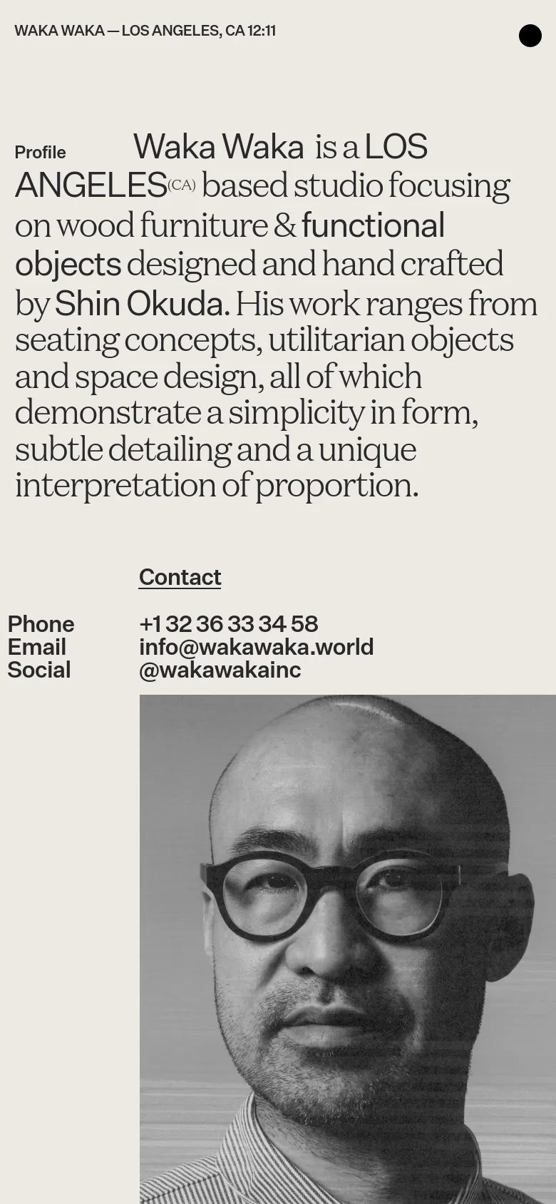The mobile version maintains the minimalist aesthetic but uses a single-column layout. The large serif text for the profile section is stacked vertically, followed by the contact information, and the black and white portrait is positioned below the text. The header is simplified, displaying the studio name and location.