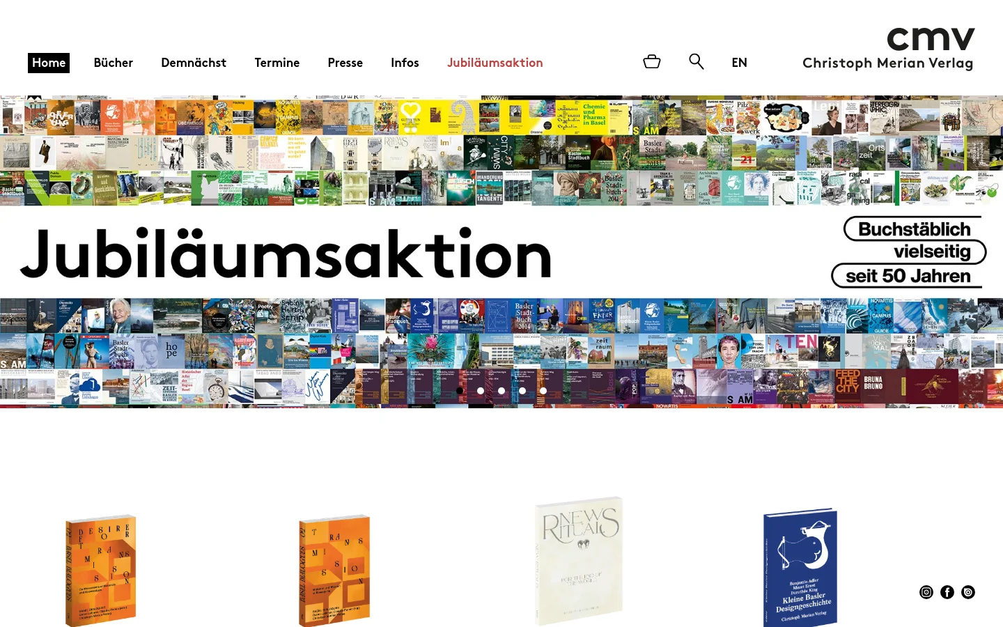 The desktop homepage for Christoph Merian Verlag features a clean white background with a navigation menu at the top and a large hero banner composed of a dense collage of colorful book covers. A large headline reads 'Jubiläumsaktion' next to a badge celebrating 50 years, followed by a grid of featured book products with prices and shopping bag icons. The layout is spacious with a prominent logo in the top right corner.