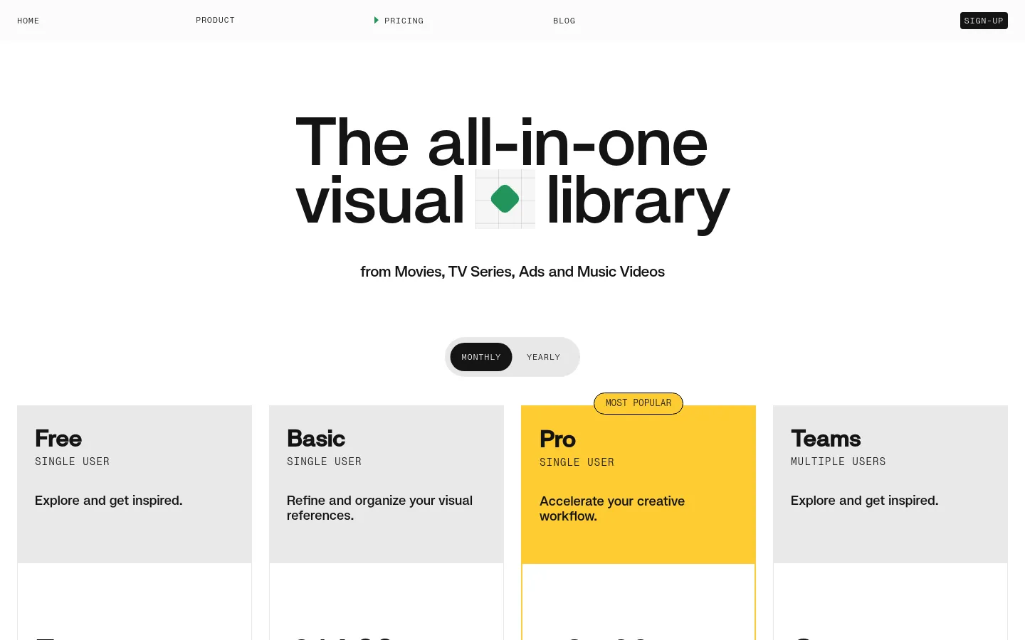 The desktop pricing page features a clean, minimalist design with a white background and large black typography reading 'The all-in-one visual library'. Below the headline, a toggle switch allows users to choose between monthly and yearly billing, followed by four pricing cards: Free, Basic, Pro (highlighted in yellow as 'Most Popular'), and Teams. The navigation bar at the top includes links for Home, Product, Pricing, and Blog, with a black 'Sign-Up' button on the right.