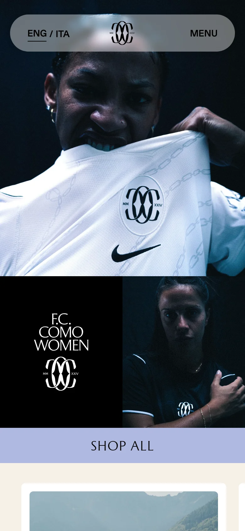 The mobile version presents a vertically stacked layout, starting with a full-width hero image of a player in a white kit. The 'SHOP ALL' button spans the width of the screen, followed by a single-column news feed where each article consists of a thumbnail image, a headline, a 'Read more' link, and a date.